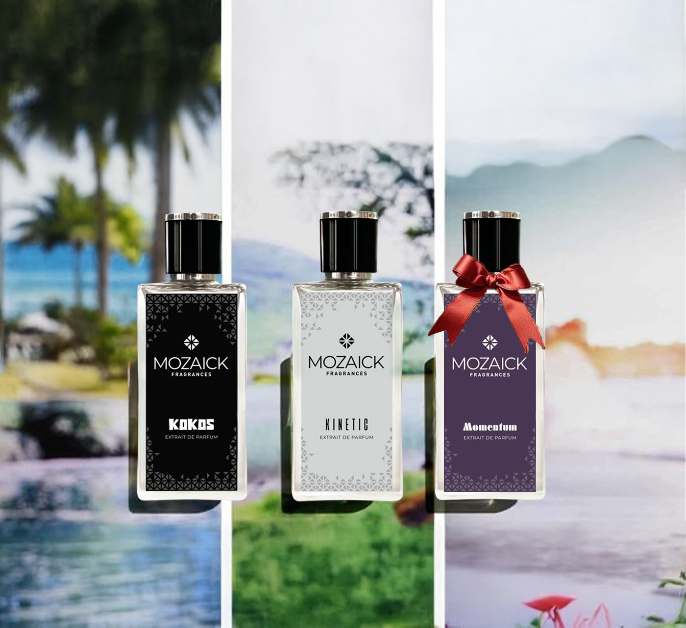 Trio for Him by MOZAICK: KOKOS, KINETIC and MOMENTUM, 50 ml each – three bottles against palm trees, a meadow and mountains
